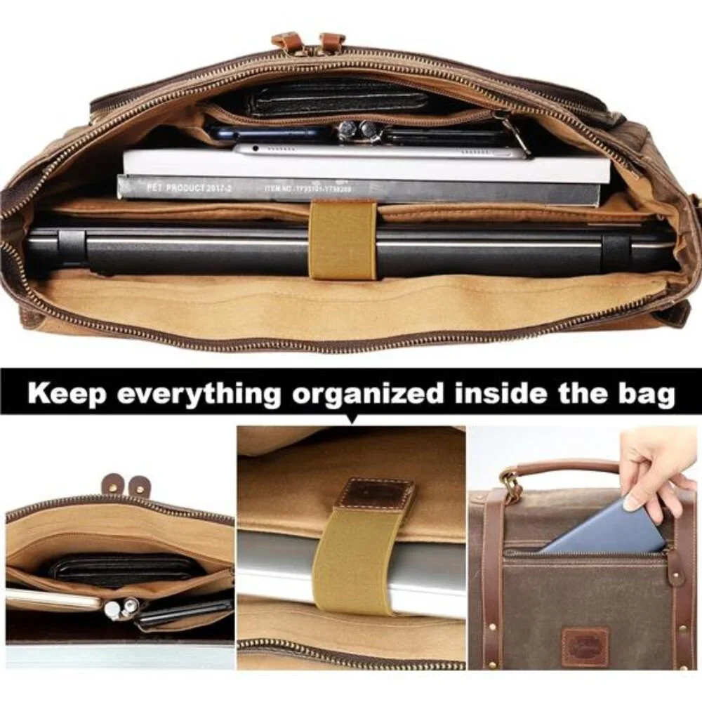 Laptop Messenger bag 15.6 Inch Waterproof Vintage Genuine Leather Mens Brown